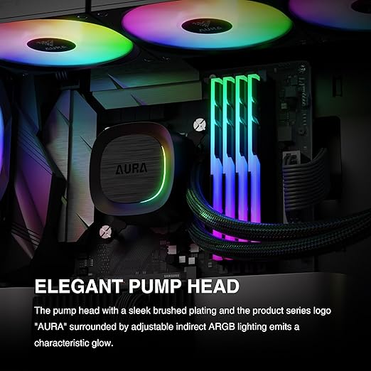 GAMDIAS Aura GLV2 360mm AIO Liquid CPU Cooler, Rotatable Performance 10-Pole Pump, 3 x 120mm Daisy-Chained Hidden Cable Fans, Low-Noise PWM & ARGB Sync Ready, Intel LGA 1851/1700；AMD AM5/AM4, Black