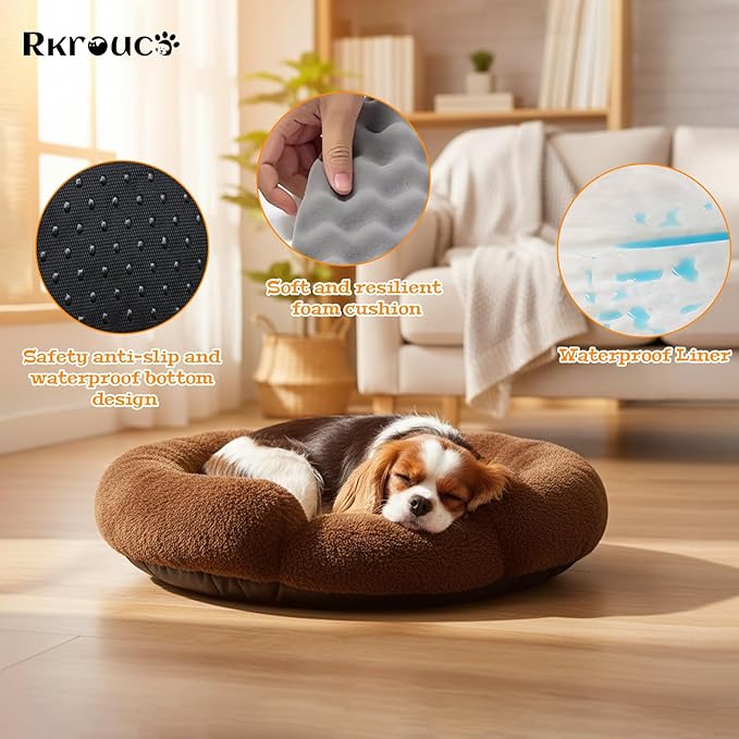 Fluffy Dog Bed Calming Donut Beds for Large Dogs Warming Round Small Medium Pet Nest Cozy Cat Mattress Indoor Washable Puppy Kennel Kittens Sleep Mat (M, 27.5×27.5 inch, Brown)
