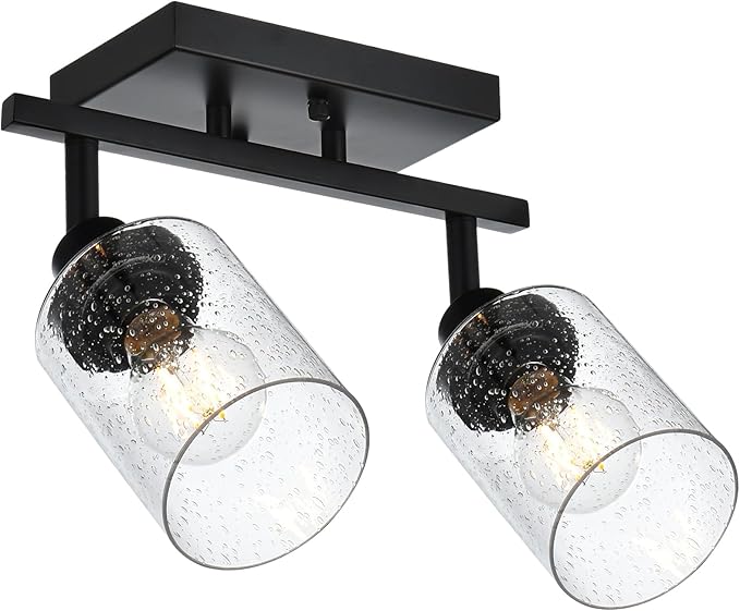 2-Light Black Track Lighting Kit Ceiling Mount Kitchen Track Lighting Fixtures, Bathroom Ceiling Tracking Vanity Light with Bubble Seeded Glass Shade & Rotatable Tracking Heads for Accent Shop