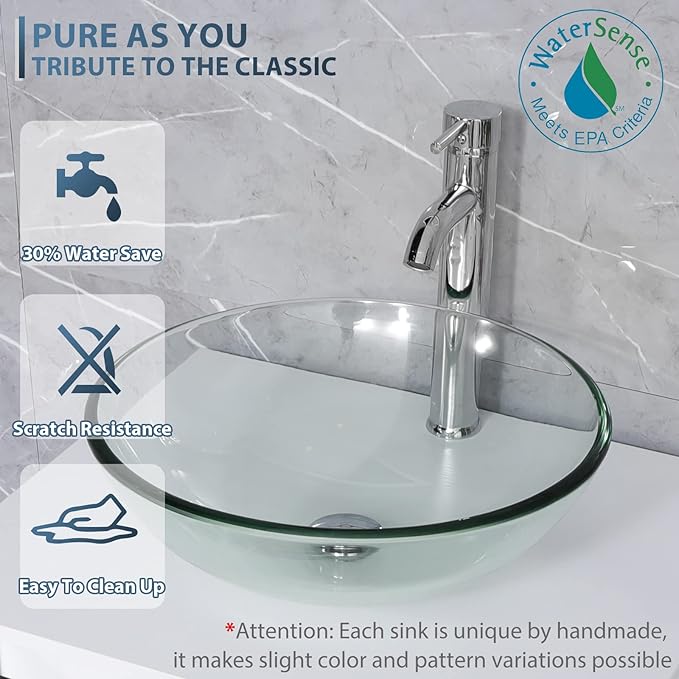 eclife 84" Modern Bathroom Vanity Sink Combo Freestanding Cabinet with Small Side Cabinet, Clear Round Glass Vessel Sink, Water Save Faucet, Drain (Black+A16)