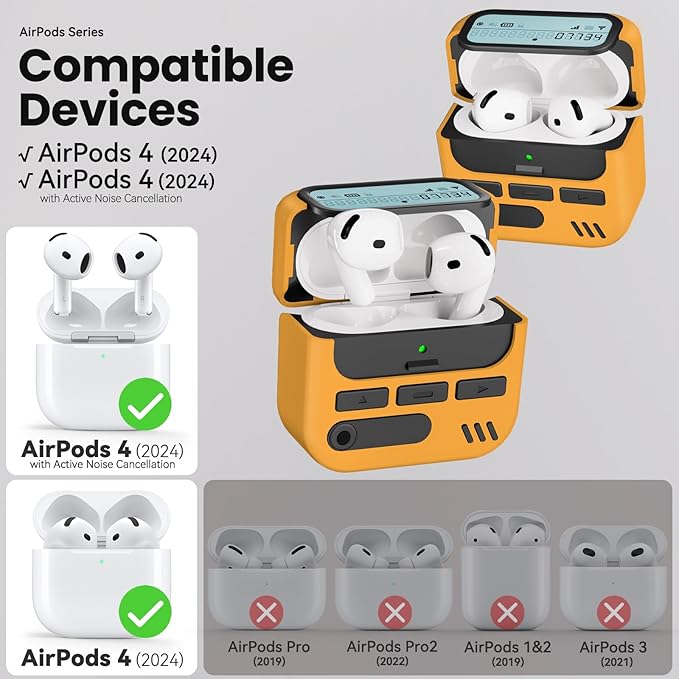 (with Safety Lock) Pager Cases for AirPods 4 Case Cover 2024 with Cleaner Kit,Sturdy Hard PC Protective for Apple AirPods 4th Generation Case for Men Women,AirPods 4 Accessories with Keychain-Yellow