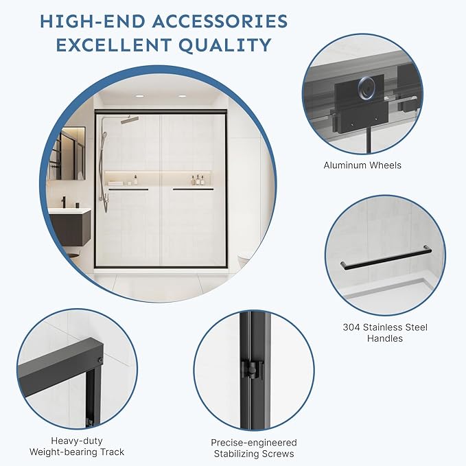 56-60 in. W x 72 in. H Double Sliding Shower Door, Semi-Frameless Bypasss Bathroom Glass Shower Doors, 6mm (1/4") Tempered Glass Door for Walk-in Shower, Stainless Steel Rollers & Handle, Matte Black