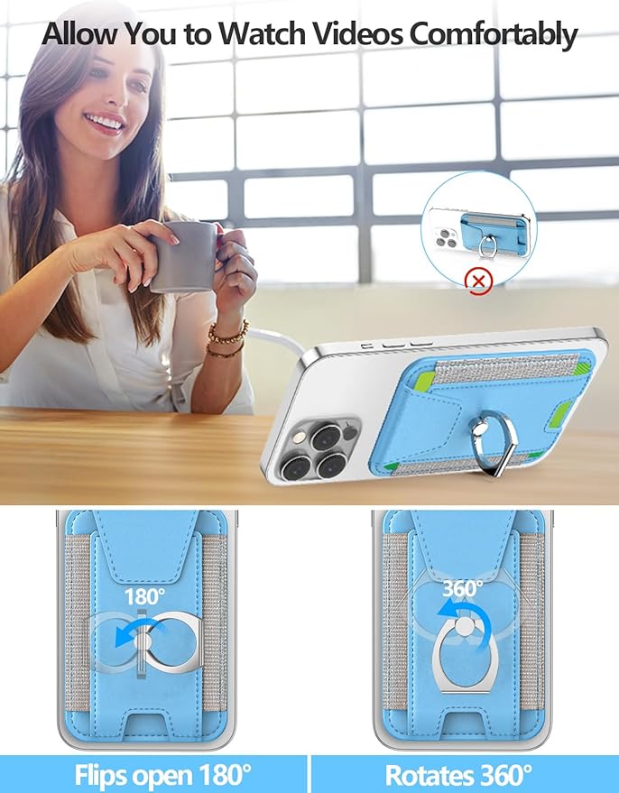 For Magsafe Wallet with Grip, 6-Card Holder, Stronger Magnetic Card Wallet Holder for iPhone 17/16/15, iPhone 14/13/12 Series, Leather Magnetic Phone Wallet with Privacy Flap, RFID Blocking, Sky Blue