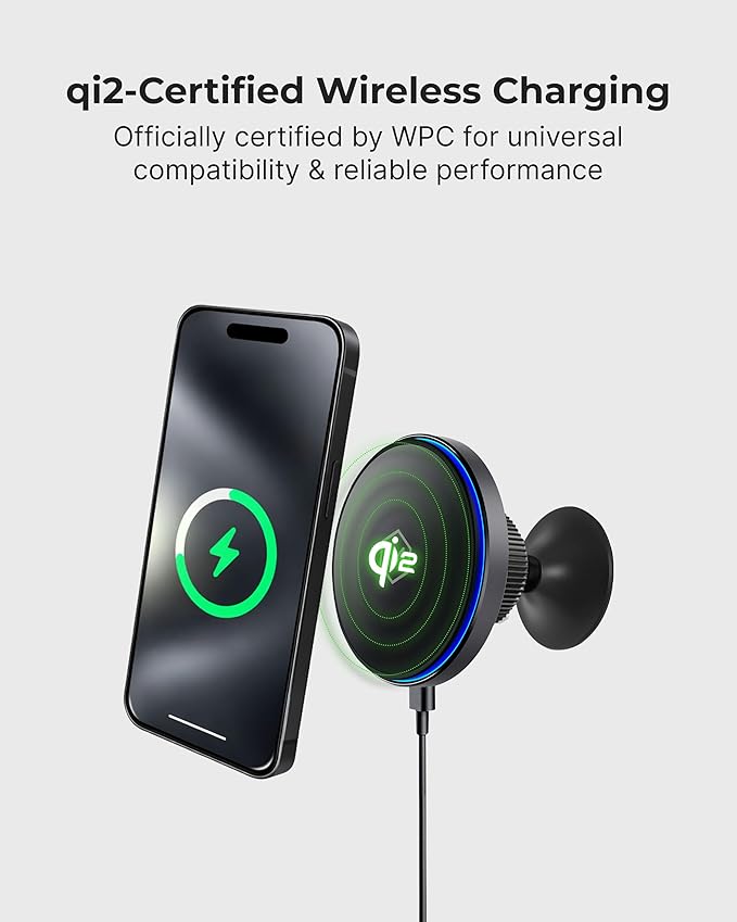 Mag Switch Qi2 Wireless Car Charger Small Dash Mount, 15W Fast Charger with Built in on/off Switch for smarter charging, Strong N52 Magnets, Compatible with iPhone 14/15/16/17, Iphone Air