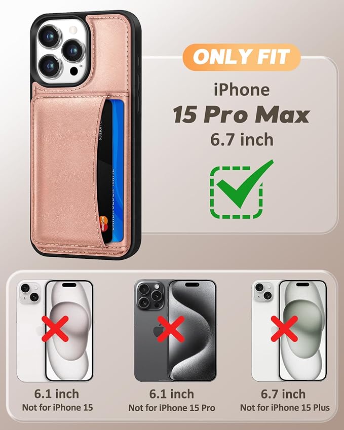 for iPhone 15 Pro Max Case with Wallet - Fits 4 Card Slots, Compatible with MagSafe for Women Aesthetic PU Leather Credit Card Holder Kickstand Phone Cover for Apple 15 Promax, Rose Gold