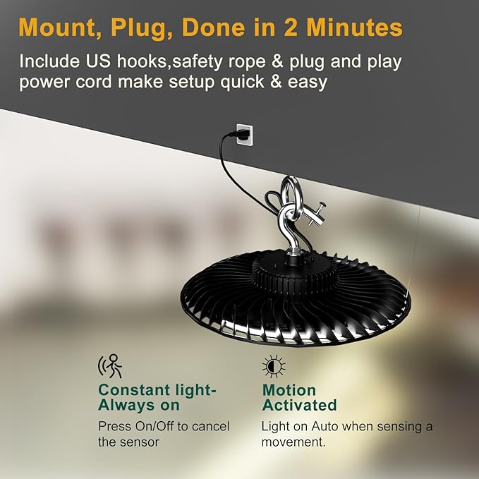 Smart 250W LED High Bay Light 37500lm Commercial Bay Lights with Remote Control(Supports Normal Mode & Motion Sensor Mode) AC100-277V ETL UFO Light-6Pack