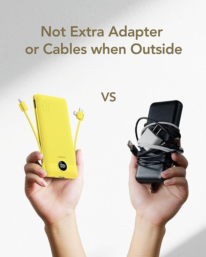 VEGER Portable Charger with Built-in AC Plug and Cables, All in One 10000mAh Ultra Slim Power Bank Travel Essentials, 15W Fast Charging Battery Pack Compatible with iPhone, Samsung, Android (Yellow)