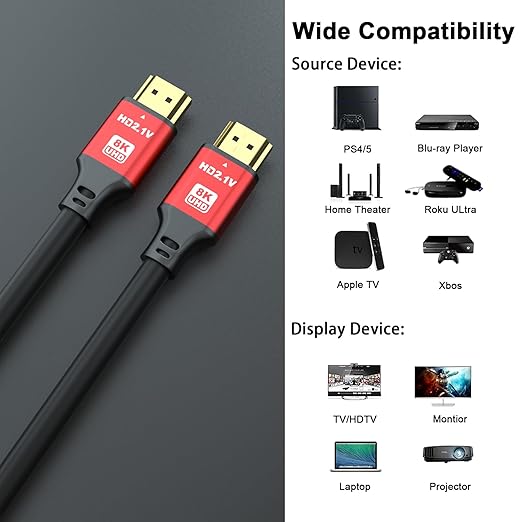 6FT HDMI 2.1 Cable 2 Pack 8K60Hz 4K120Hz, 48Gbps Ultra High Speed HDMI Cable with Gold Plated Connectors, Red Aluminum Housing, for PS5, Xbox Series X, 4K TV, Gaming Monitor, Soundbar, Wall Mount TV.