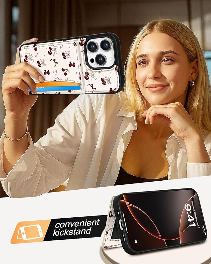 for iPhone 16 Pro Case with Wallet - Fits 4 Card Slots, Compatible with MagSafe for Women Aesthetic Durable PU Leather Credit Card Holder Kickstand Phone Cover for Apple 16 Pro, Bow Cherry