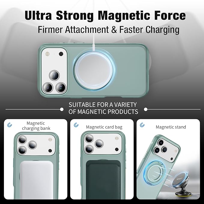 for iPhone 17 Pro Case [Compatible with Magsafe] [15 FT Military Grade Drop Protection] with Screen Protector & Lens Protector,Shockproof Kickstand Phone Case for iPhone 17 Pro (Green)