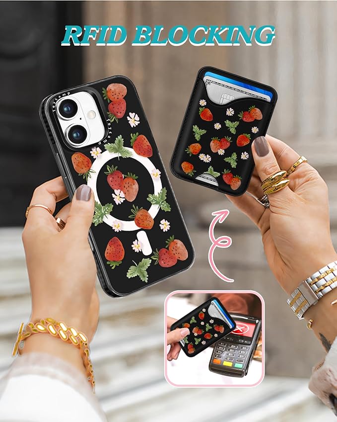 Toycamp for iPhone 16 Case - Compatible with Magsafe with Credit Card Holder Wallet Magnetic Girls Cute Girly Teens Kawaii Unique Strawberry Black Design Pretty Phone Cover for Apple 16 6.1"