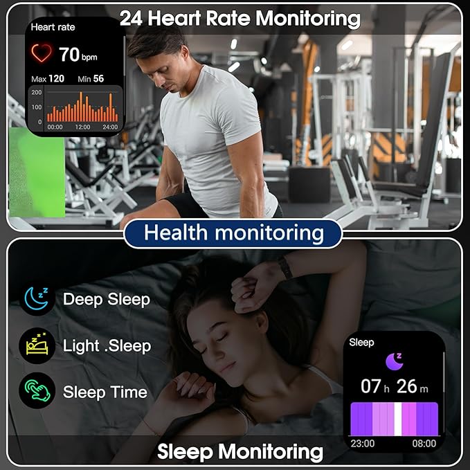 Smart Watch for Men Women(Answer/Make Calls), 1.95" HD Touch Screen Fitness Watch with Sleep Heart Rate Monitor, 110+ Sports Modes, IP68 Waterproof Activity Trackers Compatible Android iOS (Black)