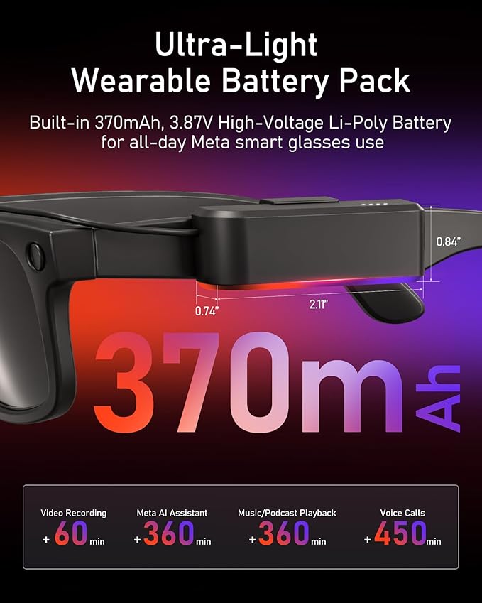 Wearable Battery Pack Charger Compatible with Ray-Ban/Oakley Meta Smart Glasses Gen 1 & Gen 2, Ultra-Light Mini Power Bank Accessories for Wayfarer Headliner Skyler HSTN