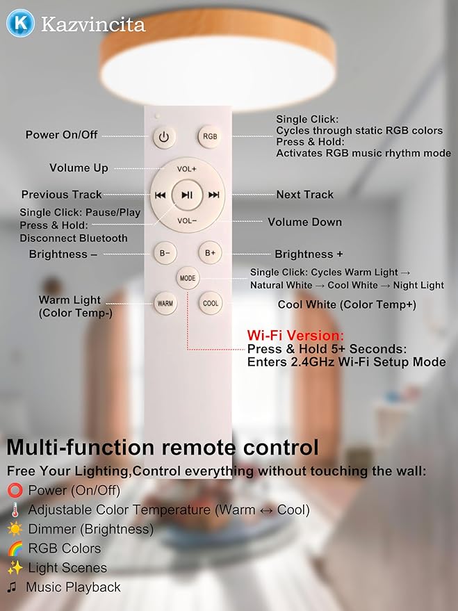 BT-Version LED Ceiling Light with Speaker 40W 13Inch Music Ceiling Lamp with Remote Control Adjustable Brightness & Color Temperature RGB Ambient Lighting for Kids Room Bedroom and More