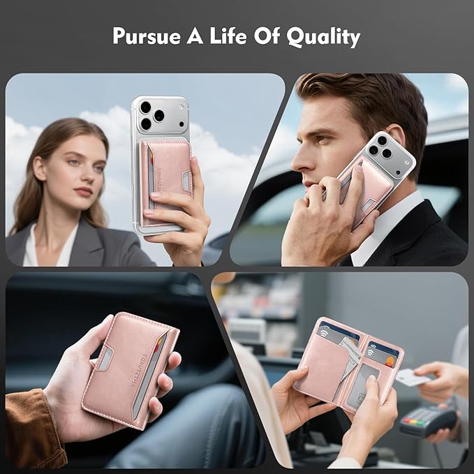 Antsturdy for Magsafe Wallet Stand with Holder,PU Leather RFID Blocking Card Holder,5 Card Slots,Strong Magnet Minimalist Flip Folio Kickstand for iPhone 17/16/15/14/13/12/Pro/Max/Plus/Air,Rose Gold