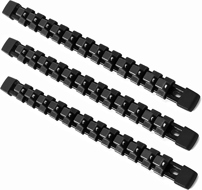 ALOANES 3PC ABS Socket Organizer, Socket Rails Fit 1/2 inch Drive, Heavy Duty Socket Holders Hold up to 36 Sockets, Black Rails with Black Clips