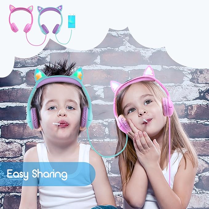 Olyre Kids Headphones with MIC for School, 85dB Safe Volume Limited Light Up Cat Ear Headphones,Wired Cord On-Ear Headset for Children/Boys/Girls/Travel-Green/Purple