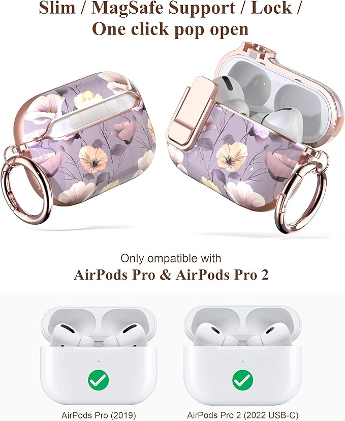 TATOFY for AirPods Pro 2nd Generation Case with Lock Carabiner Cleaner, Slim AirPod Pro 1st & 2nd Hard Case Cover, Compatible with MagSafe (Purple)