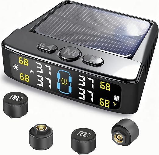 Tire Pressure Monitoring System, Tire Pressure Monitor System with Solar Charge, RV TPMS with 4 External sensors & 6 Alarm Modes, LCD Real-time Display, Auto OFF/ON, TPMS for Trailer/SUV/Truck 0-88PSI