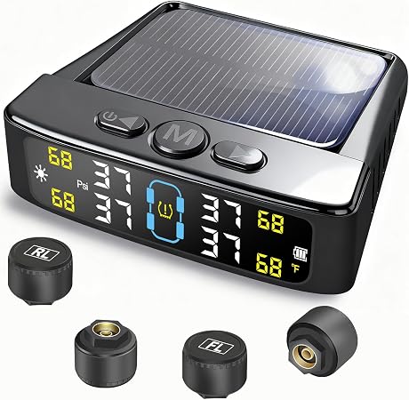 Tire Pressure Monitoring System, Tire Pressure Monitor System with Solar Charge, RV TPMS with 4 External sensors & 6 Alarm Modes, LCD Real-time Display, Auto OFF/ON, TPMS for Trailer/SUV/Truck 0-88PSI