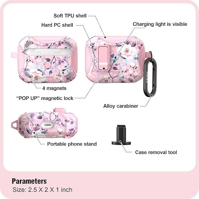 wenew Compatible with AirPods Pro 2nd/1st Generation Case Cover with Phone Stand, Cleaner, Clip, Compatible with Magsafe, One-Click Pop Open Lock iPod Pro Charging Case (Pink 2, AirPods Pro & Pro 2)