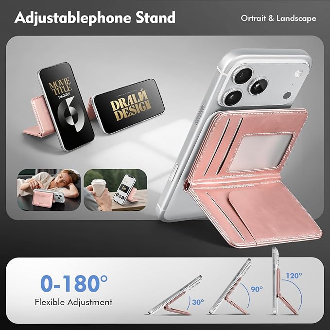 Antsturdy for Magsafe Wallet Stand with Holder,PU Leather RFID Blocking Card Holder,5 Card Slots,Strong Magnet Minimalist Flip Folio Kickstand for iPhone 17/16/15/14/13/12/Pro/Max/Plus/Air,Rose Gold