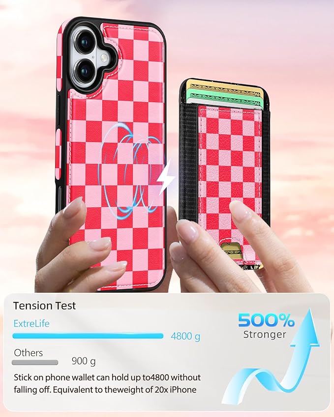 Shorogyt for iPhone 16 Wallet Case - Fits 5 Cards, Compatible with Magsafe Detachable Magnetic Credit Card Holder Leather Cardholder Cute Phone Cover Women Girls for Apple 16, Checkered