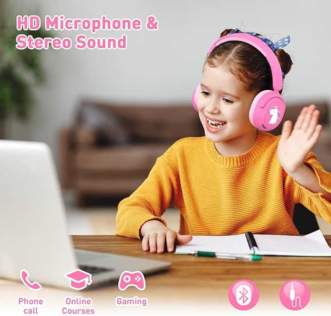 Kids Bluetooth Headphones, Wireless Kids Headphones with 75/85/94dB Volume Limited, Built-in Mic, Unicorn Over-Ear Foldable Childrens Girls Teens Headset for Pad/Tablet/School/Travel
