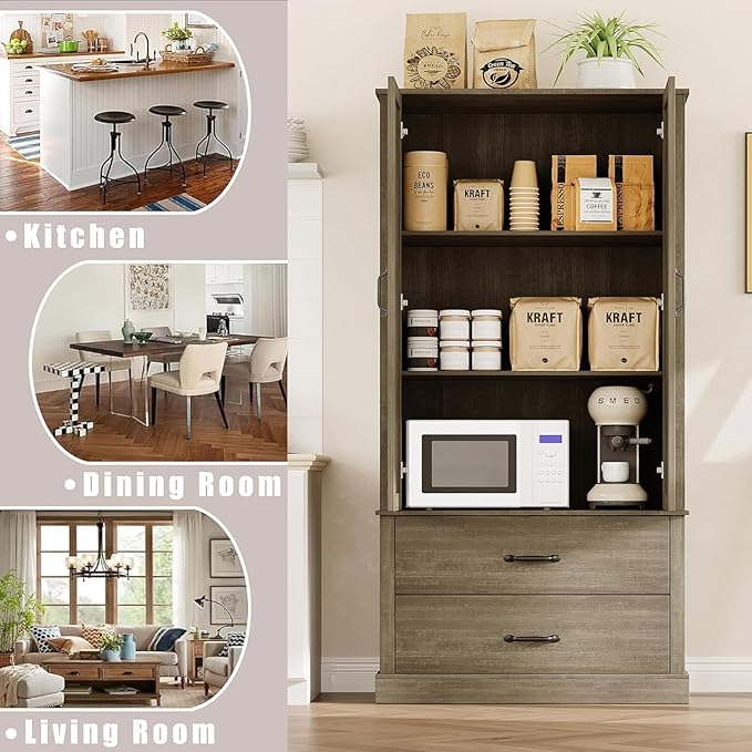 IDEALHOUSE Kitchen Pantry Storage Cabinet with Barn Doors, Drawer, and 2 Adjustable Shelves, Freestanding Tall Hutch with Microwave Stand for Kitchen, Dining Room, Rustic Gray