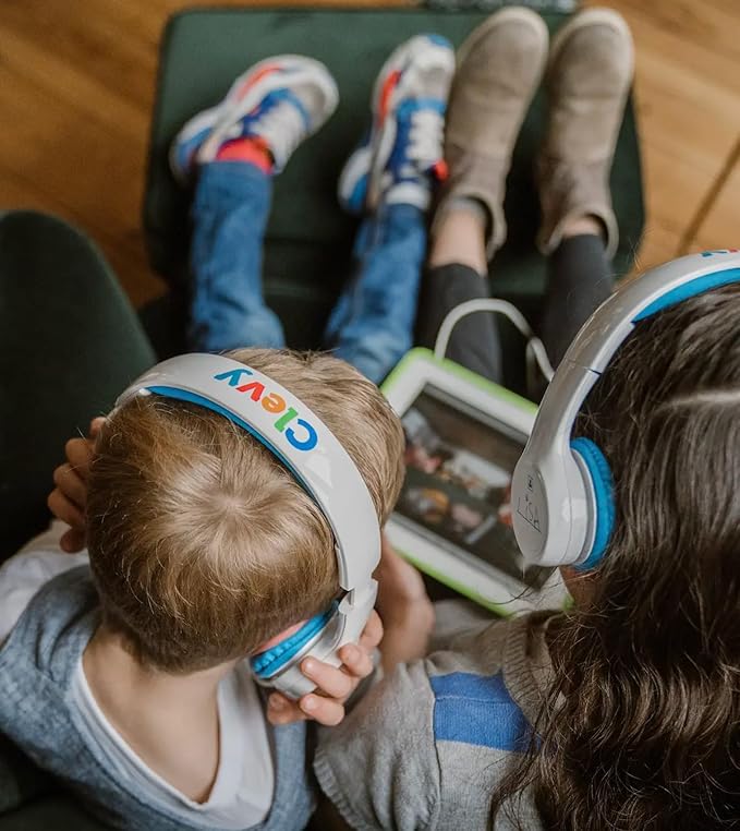 Clevy Kids Headphones Over-Ear 3.5mm Jack Wired - 5ft Tangle-Free Cord with HD Mic, 85dB Volume Limited for iPad/Computer, Foldable Durable Carrying Case