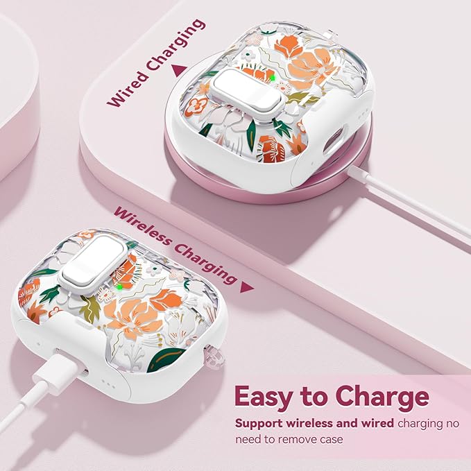 with Safety Lock for AirPods Pro 3 Case 2025,Clear Floral Cute Airpods Pro 3rd Generation Case with Phone Stand & Cleaner Kit for Apple AirPods Pro 3 for Women Girly-Orange Flower
