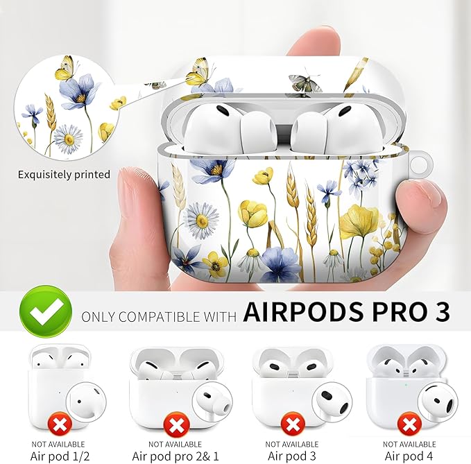 Compatible with AirPod Pro 3 (2025),Cute Case Cover for Women & Men, Full Protection Shockproof Hard Case with Keychain, Wireless Charging Case Accessories(Wildflowers Butterflies)
