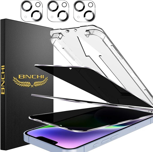 BNCHI 3 Pack for iPhone 14 Plus Privacy Screen Protector + 3 Pack Camera Lens Protector, Shatterproof Premium Tempered Glass, Auto-Dust Removal, 28°Anti Spy, 9H Full Coverage Tempered Glass Film