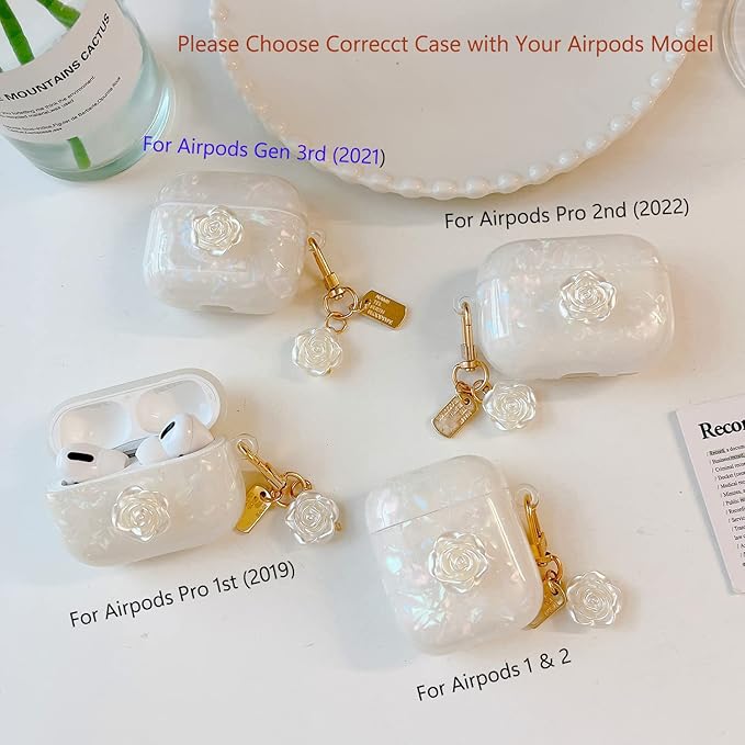 Cute Case for Airpod Pro 2 with Keychain Elegant Flower Luxury Glitter Pearl Marble Protective Cover Compatible with AirPods Pro 2019 2022 2023 Case for Girls Women (White Rose)