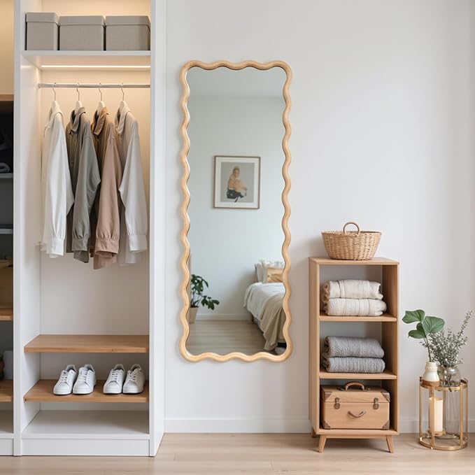 18"x48" Long Irregular Wavy Full Length Wall Mirror, Wood Framed Full Body Floor Mirror Leaning Against Wall for Dressing Bedroom Living Room Cloakroom Horizontal or Vertical Hanging Nature