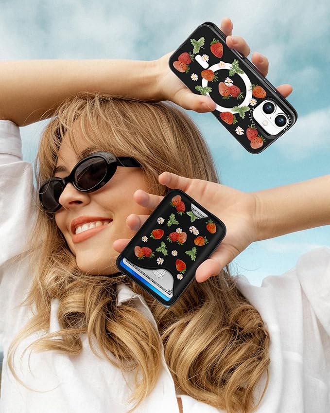 Toycamp for iPhone 16 Case - Compatible with Magsafe with Credit Card Holder Wallet Magnetic Girls Cute Girly Teens Kawaii Unique Strawberry Black Design Pretty Phone Cover for Apple 16 6.1"