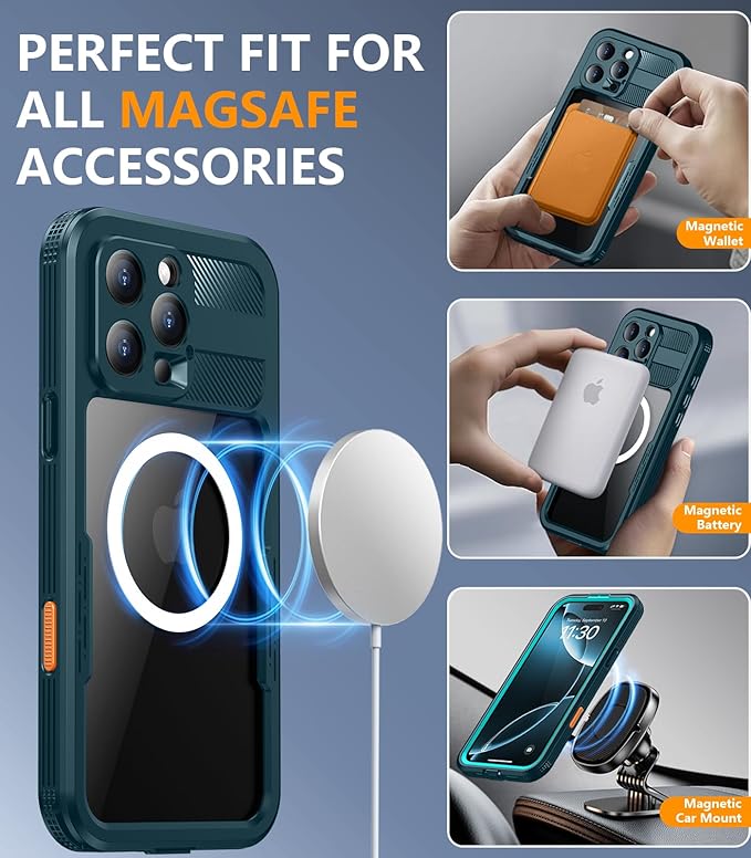 Red2Fire Magnetic for iPhone 16 Pro Case Waterproof, [Built-in Screen Protector][Compatible with MagSafe] [Full Body Shockproof] [Dustproof] Heavy Duty Rugged Phone Cover 6.3" Blue