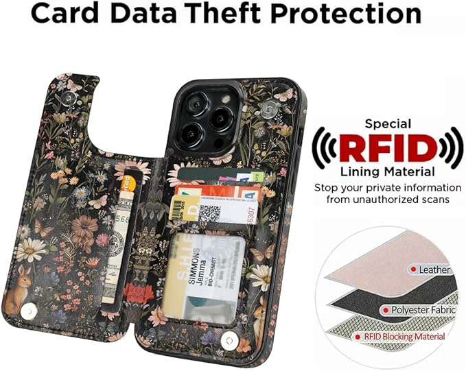 uCOLOR Compatible with iPhone 14 Pro Max 6.7" Wallet Case with Card Holder Folio Flip PU Leather Kickstand Card Slots Case Double Magnetic Clasp and RFID Blocking Cover (Wild Garden)