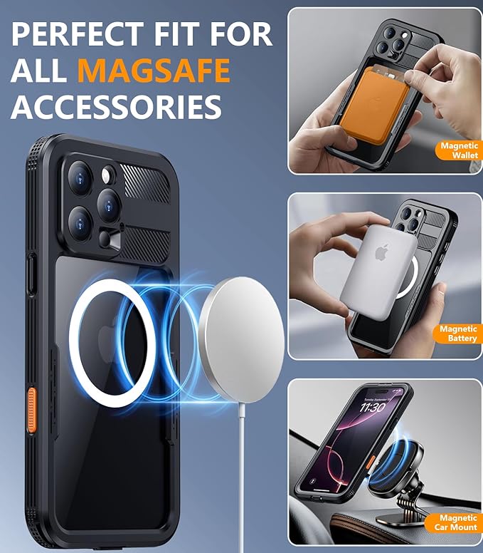Red2Fire Magnetic for iPhone 16 Pro Max Case Waterproof, [Built-in Screen Protector][Compatible with MagSafe] [Full Body Shockproof] [Dustproof] Heavy Duty Rugged Phone Cover 6.9" Black