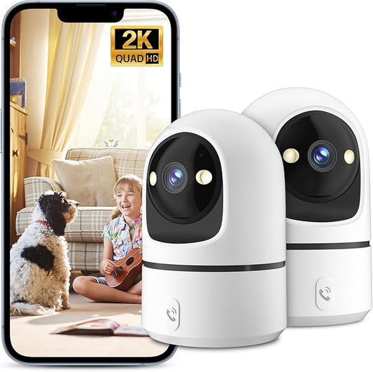 2K Indoor Security Camera, 360° WiFi Cameras for Home Security, Baby/Pet Camera with Phone App, One-Touch Call, Auto Tracking, IR Night Vision, Motion Detection, 2.4Ghz WiFi (2 Pack)