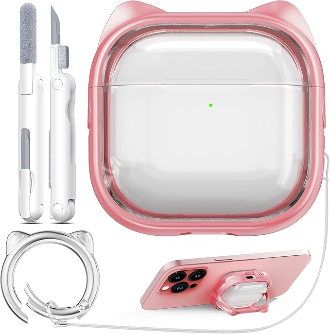 RFUNGUANGO AirPods 4 Case for Women Girly Cat Case with Lock, Phone Stand,Keychain & Cleaner Kit, Compatible with Apple Airpods 4th Generation Case Cover, Transparent Pink