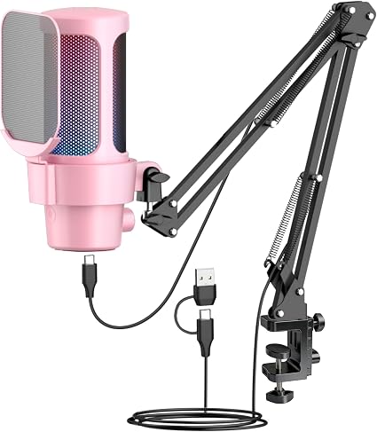 VCOM Gaming USB Mic Pink,Condenser Dynamic Boom Arm Mic for Podcasting,Streaming, with Boom Arm Stand,Quick Mute,Pop Filter,RGB Indicator,Shock Mount,Rotate gain Button, Compatible with PS4/5/PC