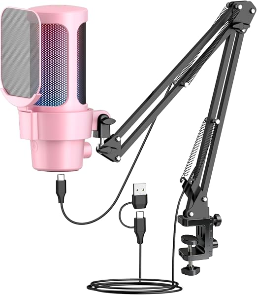 VCOM Gaming USB Mic Pink,Condenser Dynamic Boom Arm Mic for Podcasting,Streaming, with Boom Arm Stand,Quick Mute,Pop Filter,RGB Indicator,Shock Mount,Rotate gain Button, Compatible with PS4/5/PC
