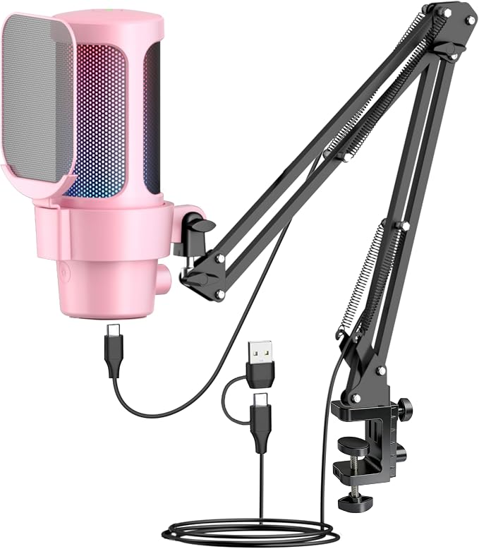 VCOM Gaming USB Mic Pink,Condenser Dynamic Boom Arm Mic for Podcasting,Streaming, with Boom Arm Stand,Quick Mute,Pop Filter,RGB Indicator,Shock Mount,Rotate gain Button, Compatible with PS4/5/PC
