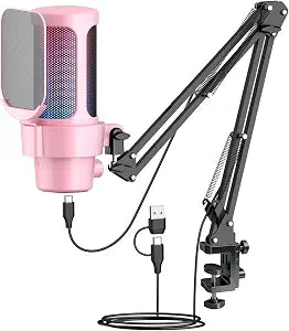 VCOM Gaming USB Mic Pink,Condenser Dynamic Boom Arm Mic for Podcasting,Streaming, with Boom Arm Stand,Quick Mute,Pop Filter,RGB Indicator,Shock Mount,Rotate gain Button, Compatible with PS4/5/PC