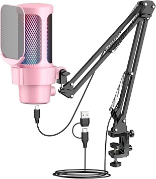 VCOM Gaming USB Mic Pink,Condenser Dynamic Boom Arm Mic for Podcasting,Streaming, with Boom Arm Stand,Quick Mute,Pop Filter,RGB Indicator,Shock Mount,Rotate gain Button, Compatible with PS4/5/PC