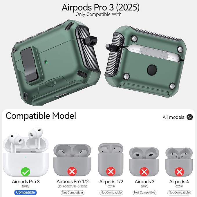 for AirPods Pro 3 Case (2025) with Phone Stand,（with Automatic Snap Switch） Carbon Fiber Design Protection Cover with Cleaning Pen,Light Green