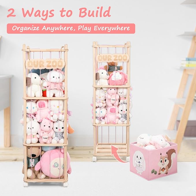 Stuffed Animal Storage with Removable Fabric Bins & Locking Wheels, 2-in-1 Wooden Toy Organizer and Display Shelf Space Saving for Playroom, Bedroom, Nursery