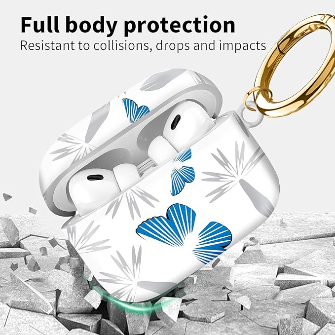 Compatible with Airpod pro 2nd/1st Generation Case Cover with Gold Round Keychain Cute Pattern Hard & Anti Slip Cover for Men Women & Girls（Blue Butterfly）