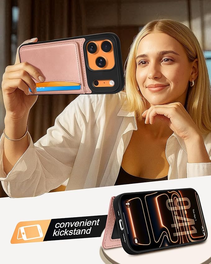 for iPhone 17 Pro Case with Wallet - Fits 4 Card Slots, Compatible with MagSafe for Women Aesthetic Durable PU Leather Credit Card Holder Kickstand Phone Cover for Apple 17 Pro, Rose Gold